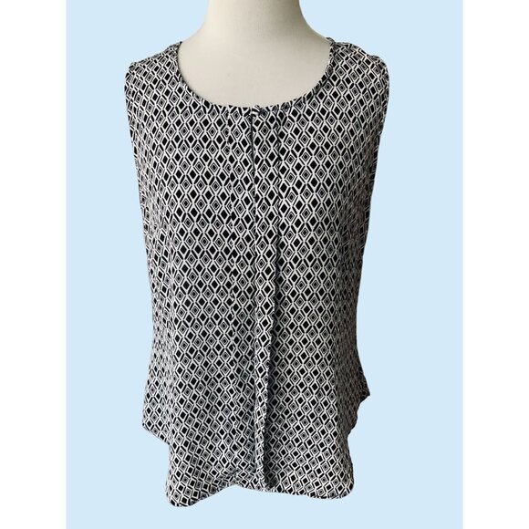 LAUNDRY LADIES SLEEVELESS KEYHOLE RUCHED PLEATED BLACK WHITE BLOUSE SIZE MEDIUM - Picture 1 of 10